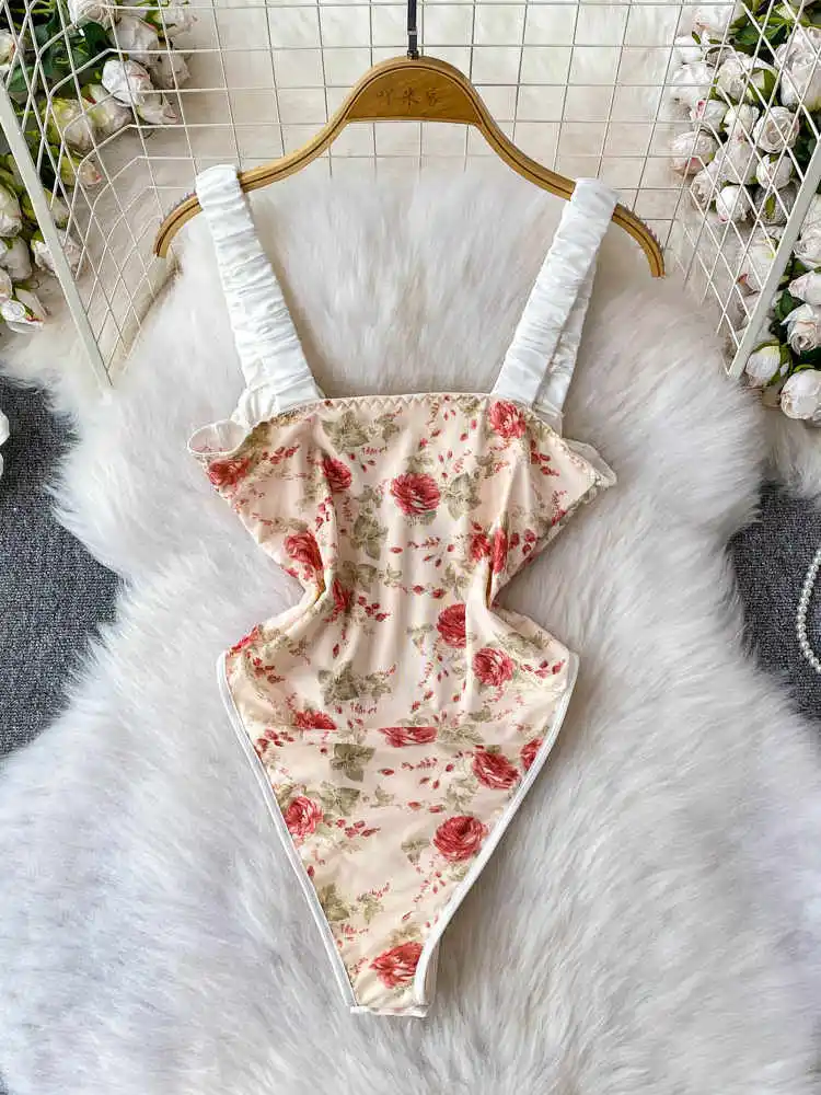 Women's Playsuits Vintage Overall Off Shoulder Skinny Flower Print Jumpsuits Exotic Sexy Rompers Coquette Clothing 2025 Summer