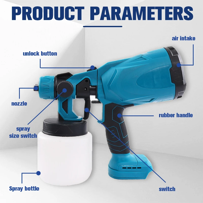 800ML Electric Spray Gun 150W Cordless Paint Sprayer DIY Auto Furniture Steel Coating Airbrush Compatible for Makita 18V Battery