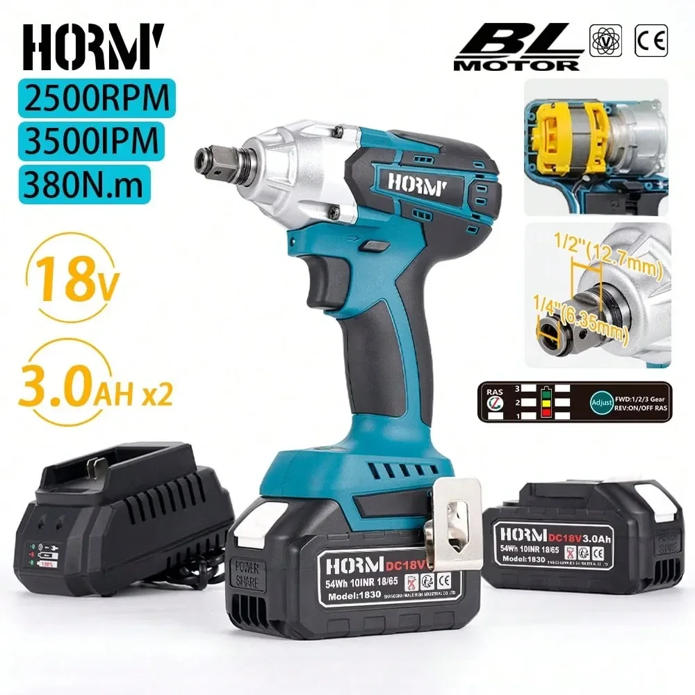 

Hormy A 18V 380N. M Rechargeable Brushless DualPurpose Wrench And Screwdriver Set With Two Electric And One Charging 3AH, Suita