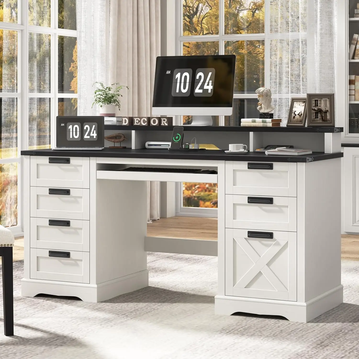 

Рабочий стол в стиле фермерского дома 60 дюймов с 8 ящиками, деревянный компьютерный стол с выдвижной полкой для клавиатуры и зарядной станцией, для дома, на заказ