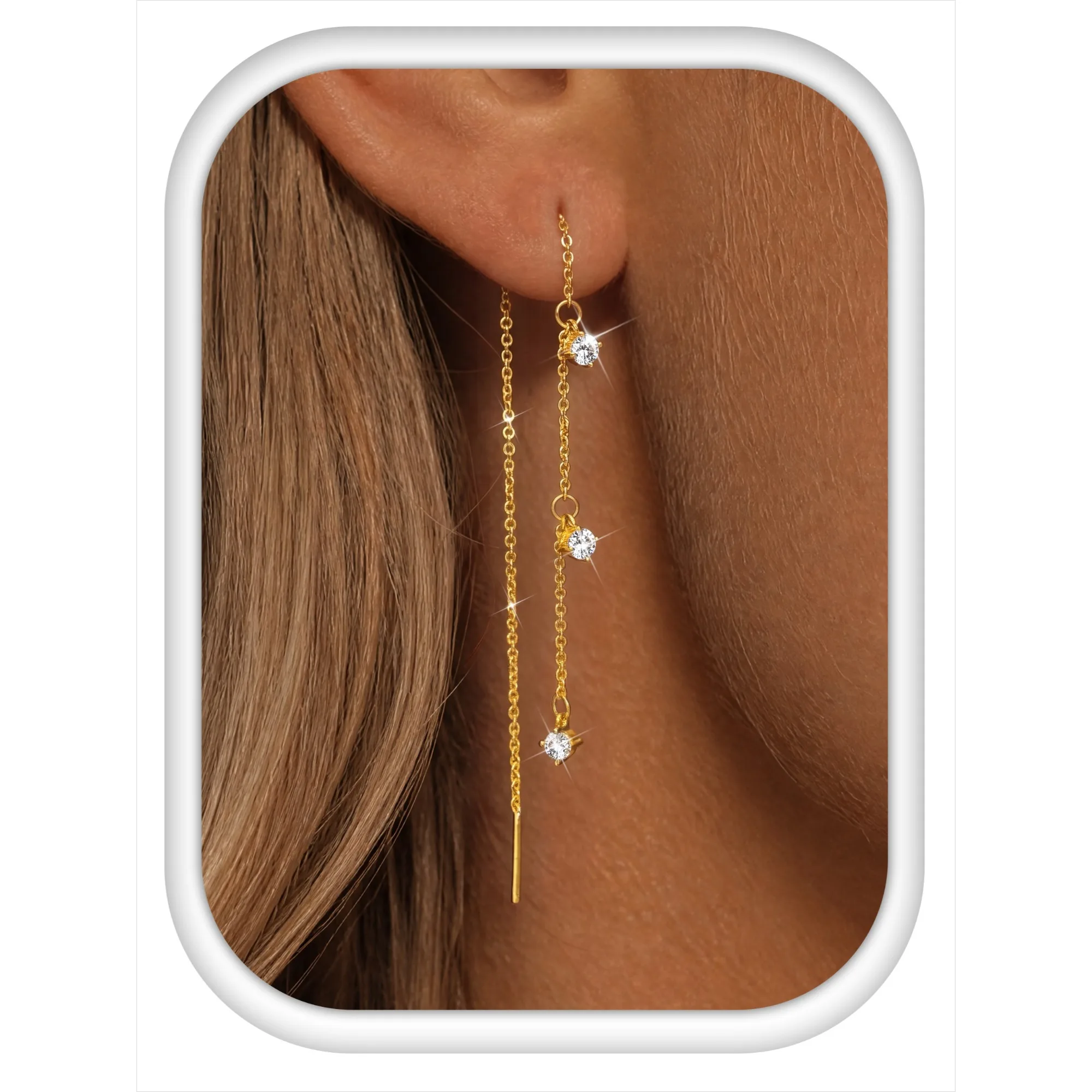 Bobisty 3mm Moissanite Threader Dangle Earrings for Women Long Chain Drop Tassel Earrings Gold Plated Earrings Jewelry Gift