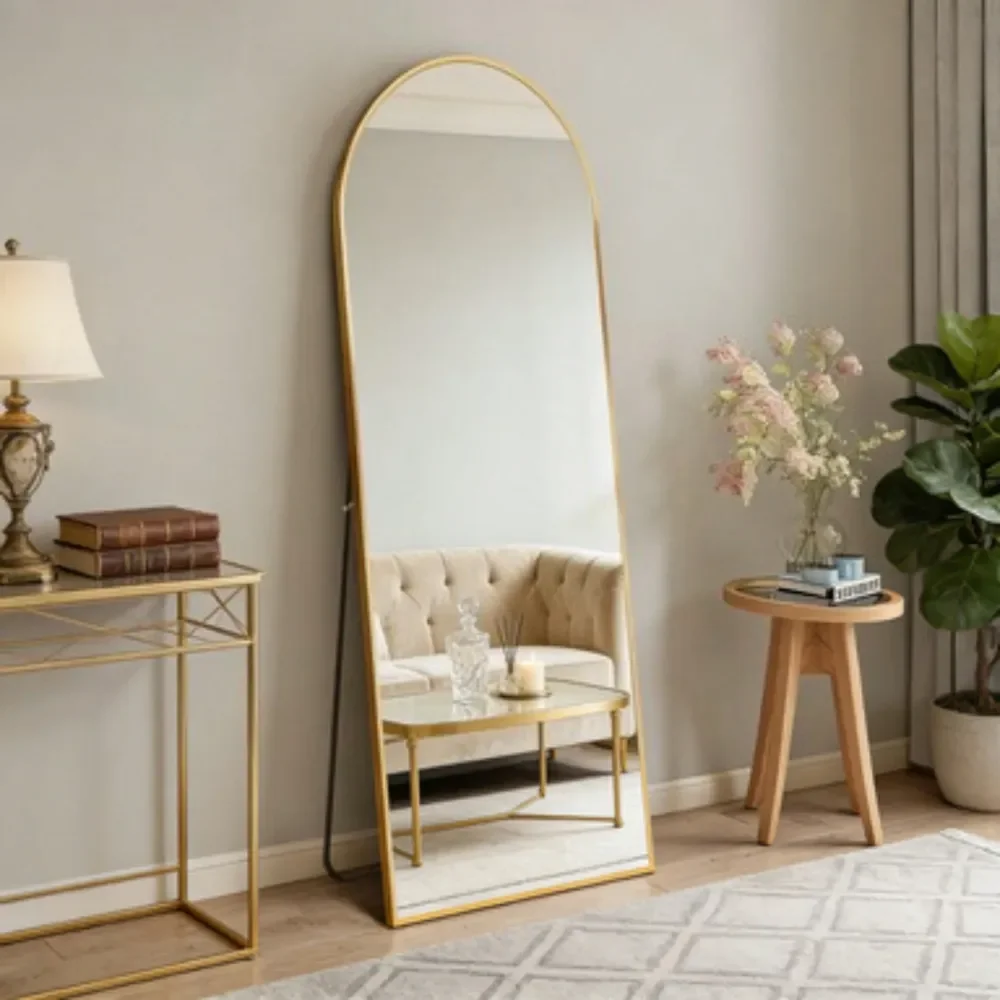 

X16 HighQuality Arched Full Length Mirror, Aluminum Alloy Frame Ensures Stability, Standing Design For Bedroom, Gold