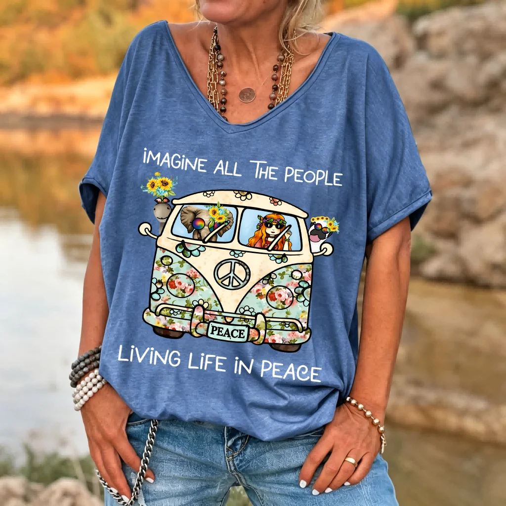 Ilstile Women's Imagine All The People Peace Bus T-Shirt Retro Hippie Animal Print V-Neck Loose Fit Casual Summer Top