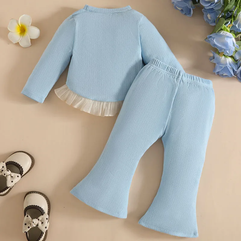 2 قطعة ربيع الخريف الفتيات الزي مجموعات الكورية أزياء لطيف الزهور طويلة الأكمام الأزرق الطفل قمم + السراويل بوتيك الاطفال الملابس B064 #2