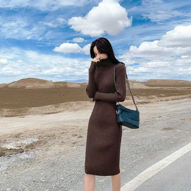 

Brown Robe Dresses for Women Knitted Turtleneck Crochet Woman Dress Black Clothes Maxi Bodycon Evening Long on Promotion Emo E M