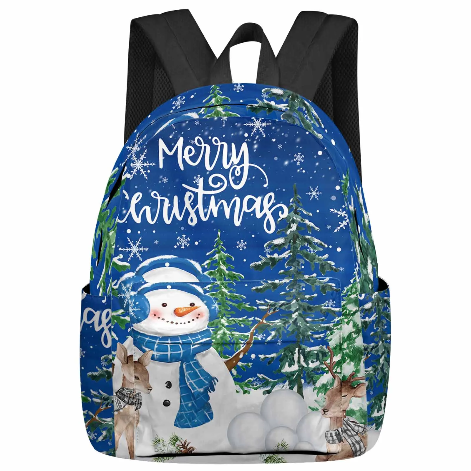 

Blue Snowman Christmas Tree Snowflake Deer Backpack School Bags for Teenagers Students Laptop Bag Women's Casual Travel Backpack