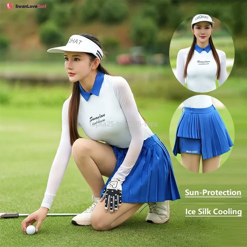 SG Women Summer Letter Print Golf Shirt Spring Ice Silk Long-sleeved Tops Irregular Pleated Skirt Sports Tennis Skorts Golf Wear