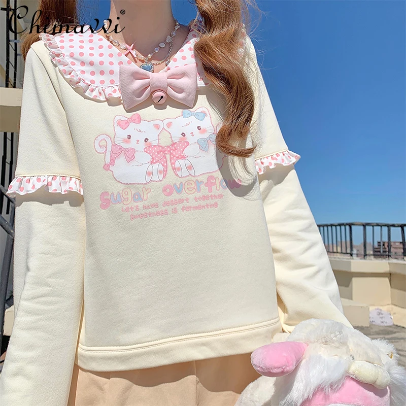 Sweet Cartoon Cat Daughter Suit Spring New Cute Girl Loose Long-sleeved Lapel Loose Student Kawaii Pullover Sweatshirt Y2k Tops