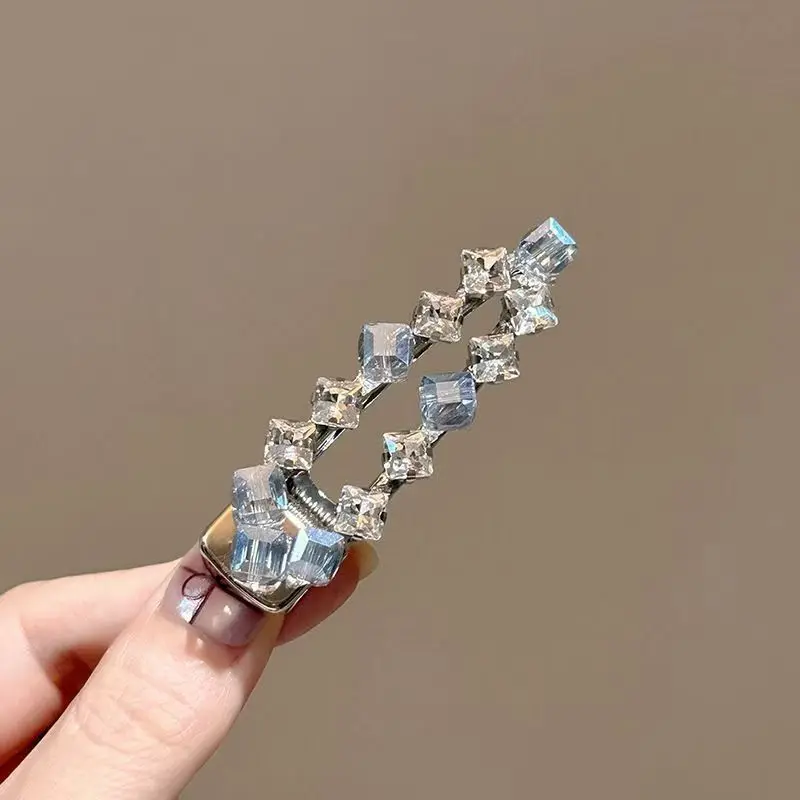 Crystal Rhinestone Hairpin with Iridescent Sugar Cube Crystals, Sparkling Side Clip, Exquisite Korean Style Bangs Duckbill Clip, Versatile Clip