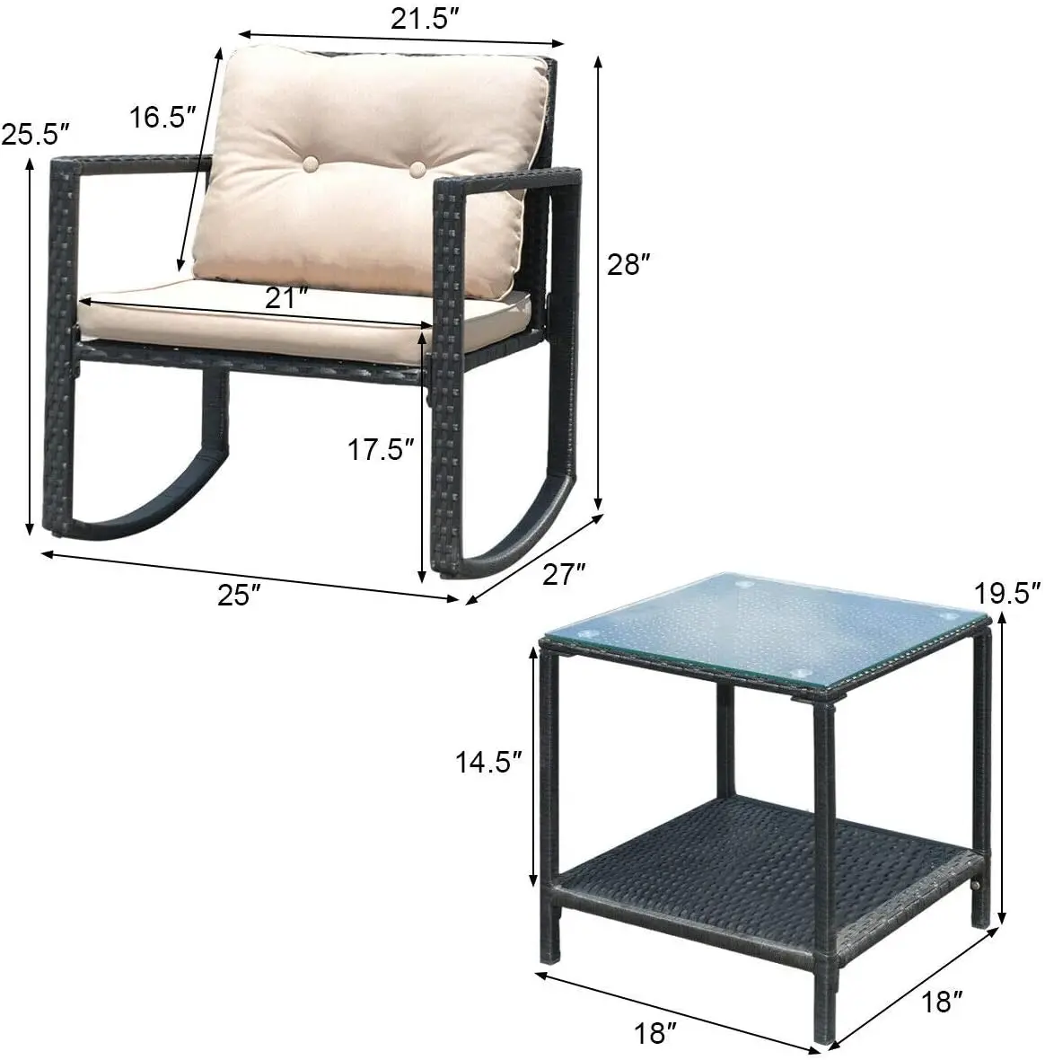Set da dondolo in vimini da 3 pezzi con cuscini, tavolino da caffè in vetro e contenitore, beige, patio esterno, giardino, balcone a bordo piscina