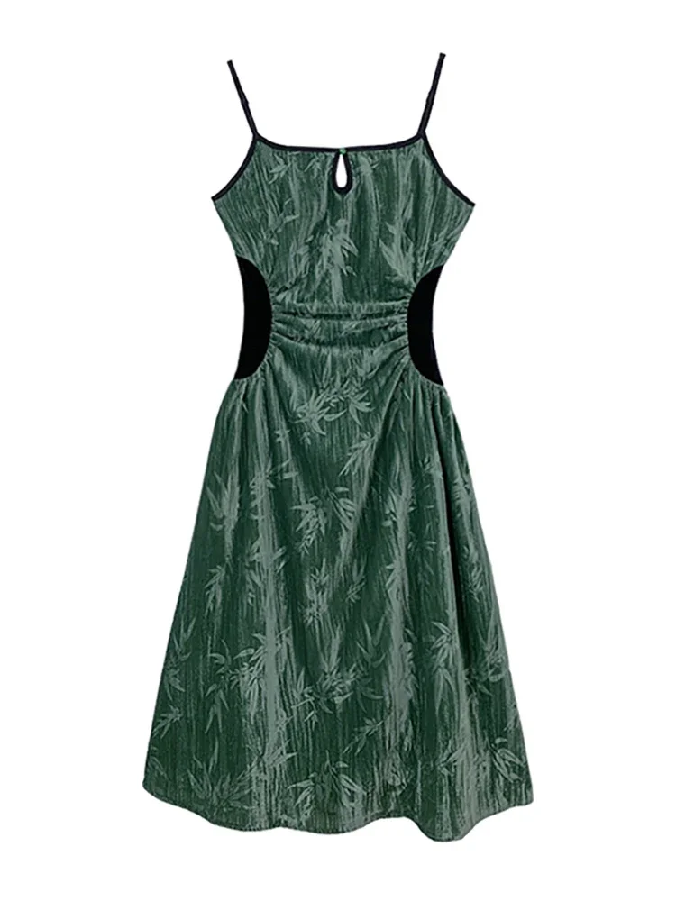 Women Green Print Velvet Sling Long Dress Autumn Winter Chi Backless Sexy Club Prom Dresses 2024 Korean Vintage Elegant Vestidos