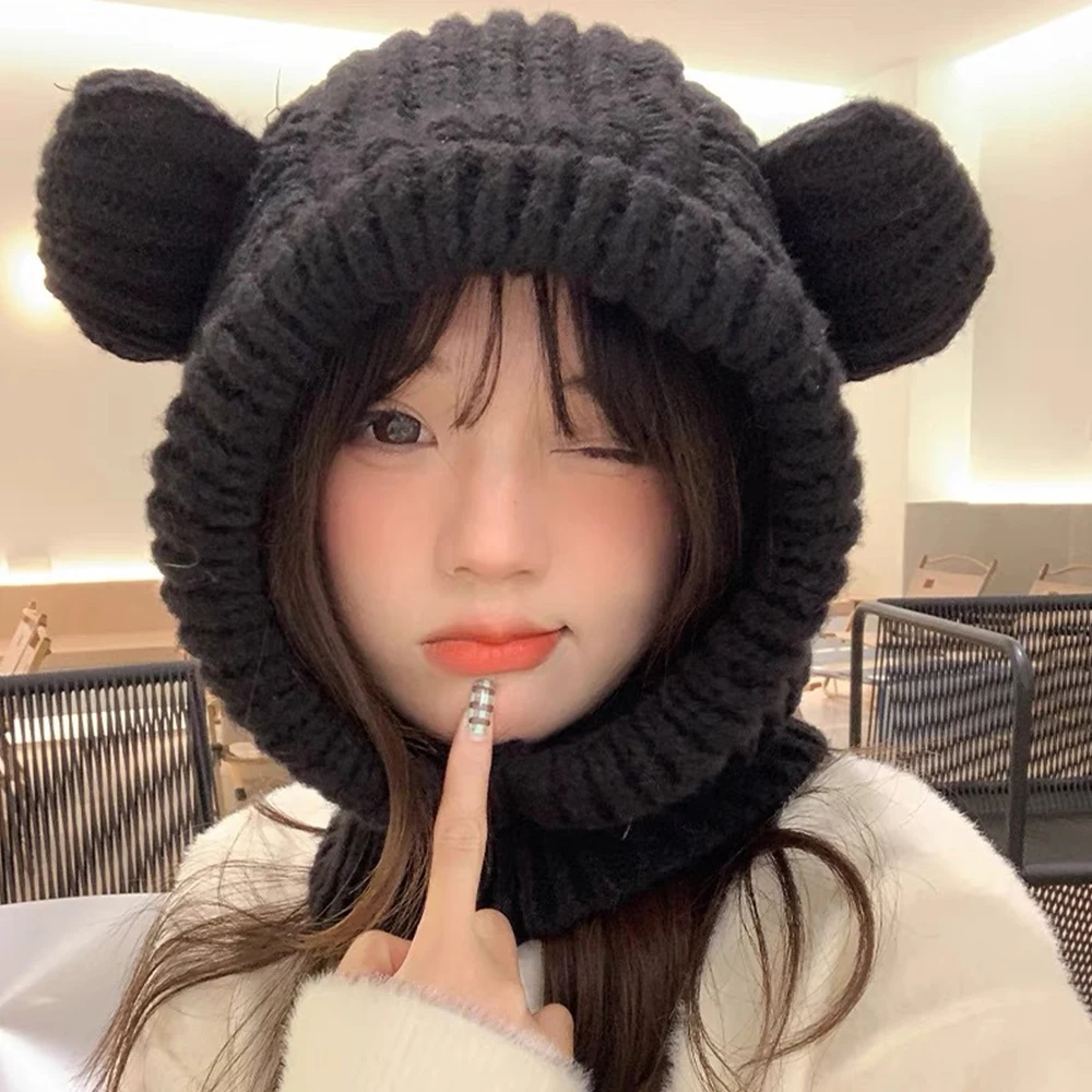 Casual Korean Version Bear Ear Hat Little Bear Ear Pullover Cute Knit Hat Coldproof Warm Beanies Cap Autumn