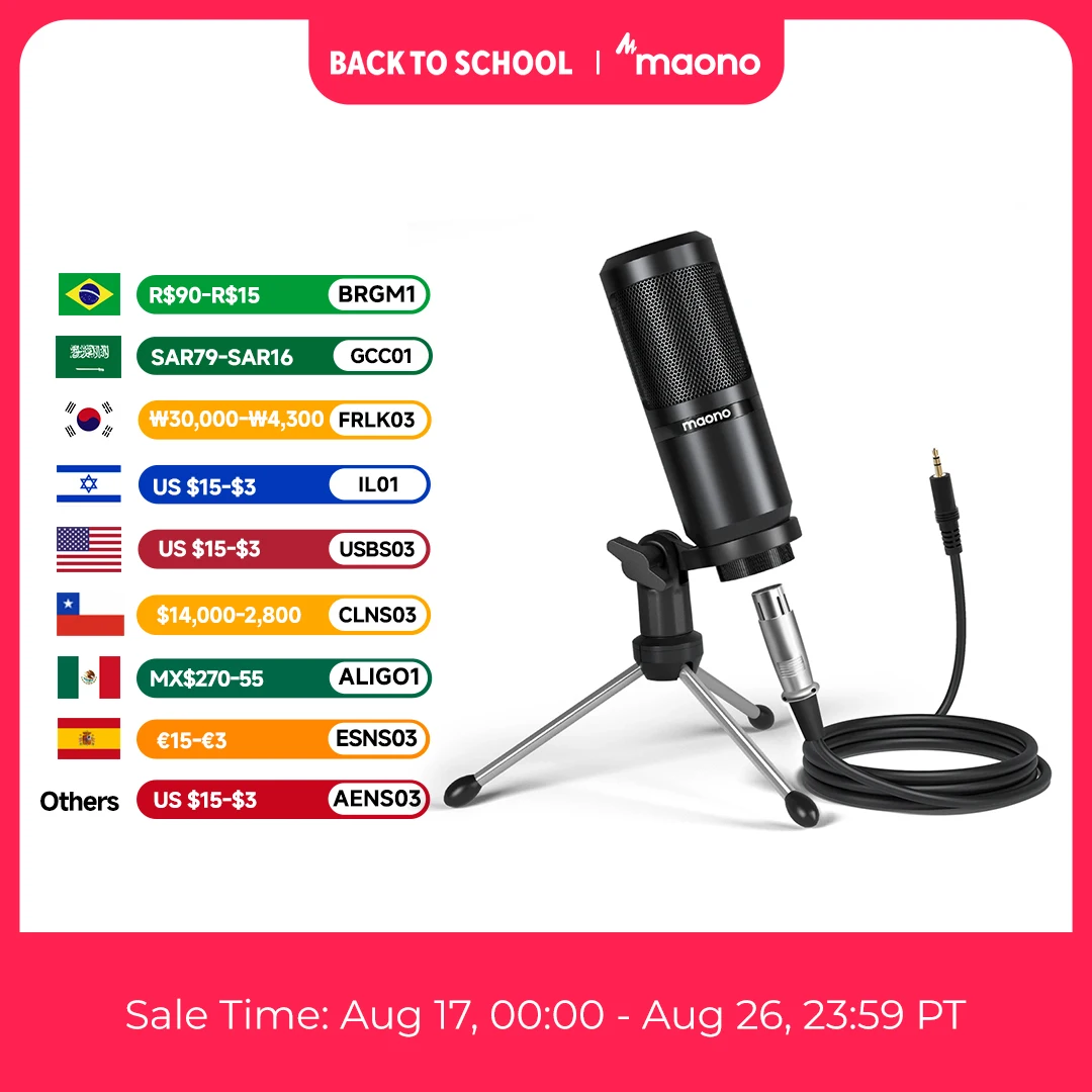 Microfone Condensador MAONO PM360TR XLR para Podcast, Microfone de 3.5mm para PC, Laptop, Telefone, Placa de Som, Gravação e Podcasting