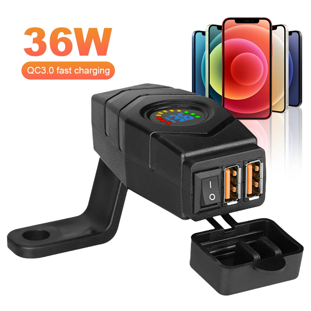 36W E-bike Handlebar USB Charger Colourful LED Voltmeter Dual USB QC3.0 Quick Charger Adapter with Switch Motorcycle USB Charger