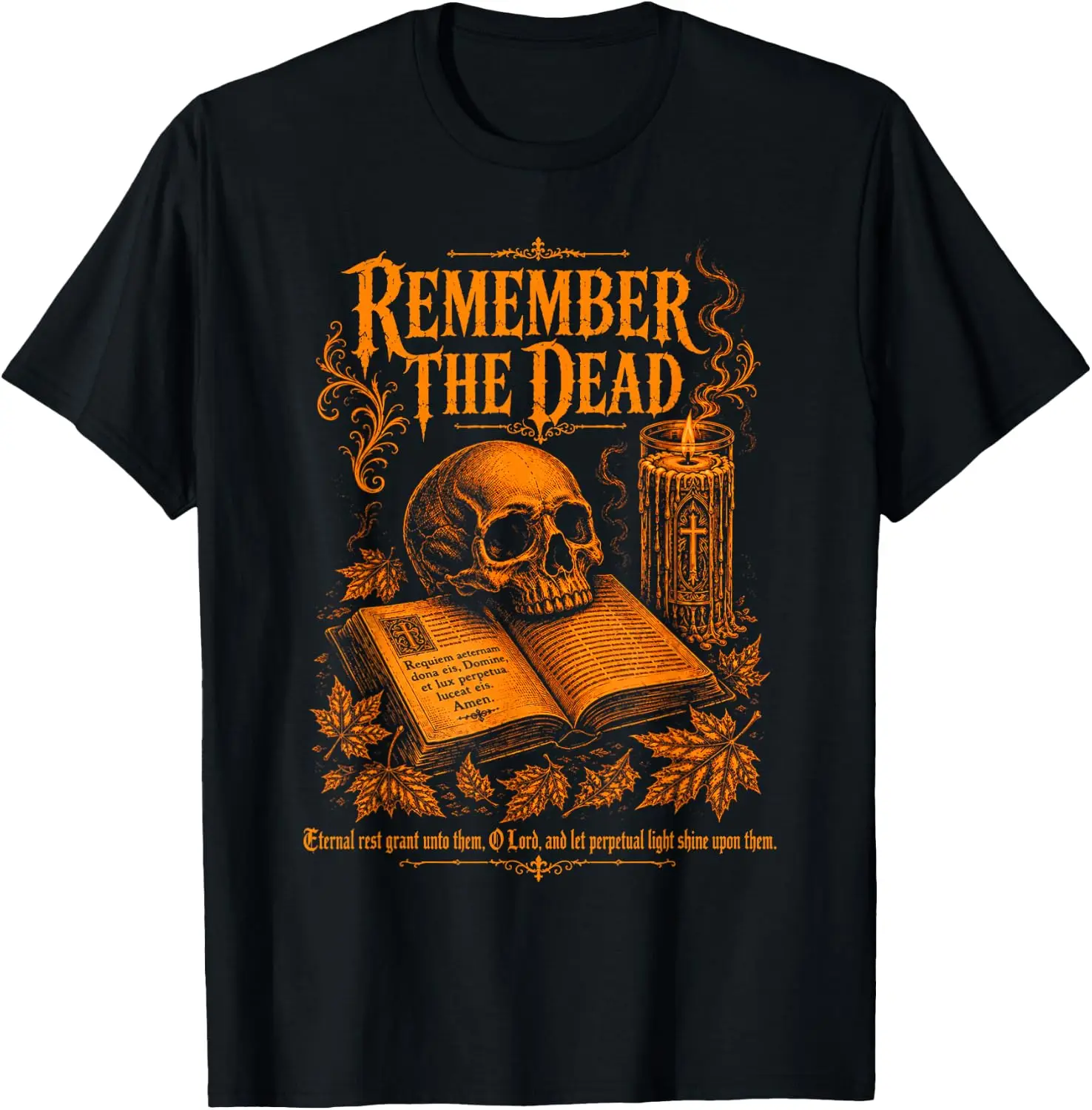 Remember The Dead Requiem Æternam All Souls Day Skull Candle T-Shirt Vintage Style Graphic T‑Shirt, Retro Tee, 100% Cotton Soft Lightweight Crew Neck Unisex Casual Short Sleeve Tops For Men Women Daily Wear