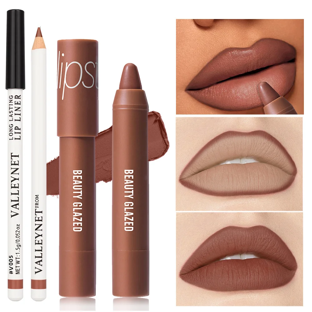 Juego de 2 unidades de delineador de labios mate y lápiz labial de terciopelo: duradero, resistente al agua, adecuado para un juego combinado de labios de maquillaje diario.