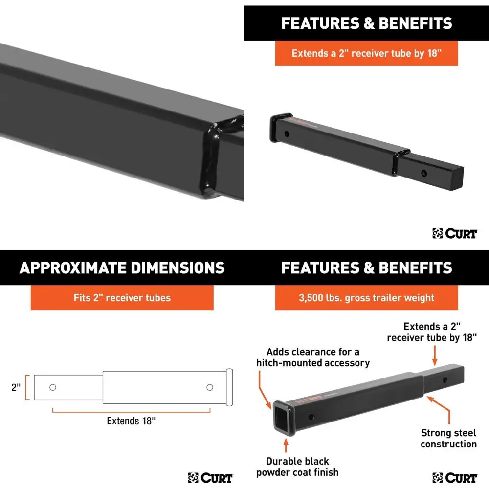 

45796 18-Inch Long Trailer Hitch Extension for 2-Inch Receiver, 3,500 lbs