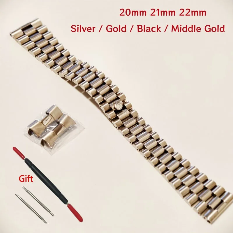 Hidden Clasp Watch Band Silver Gold 20mm 21mm 22mm Presiden 3 Beads Stainless Steel Watch Strap Straight Curved End Fits for RLX