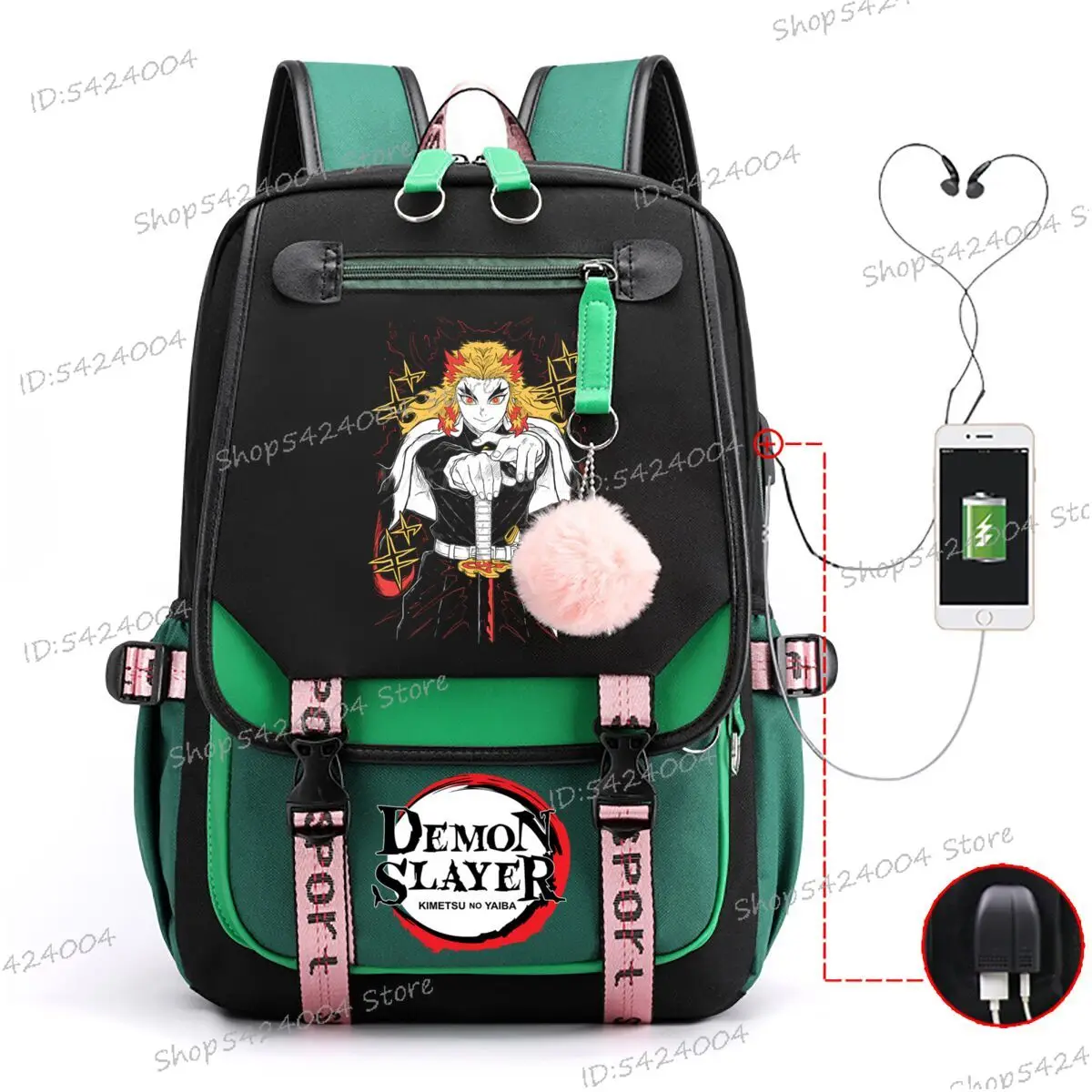 Harajuku Rengoku Kyoujurou Zaino scolastico anime per adolescenti Demon Slayer Bookbag Porta USB Studente Viaggio Comic Bagpack
