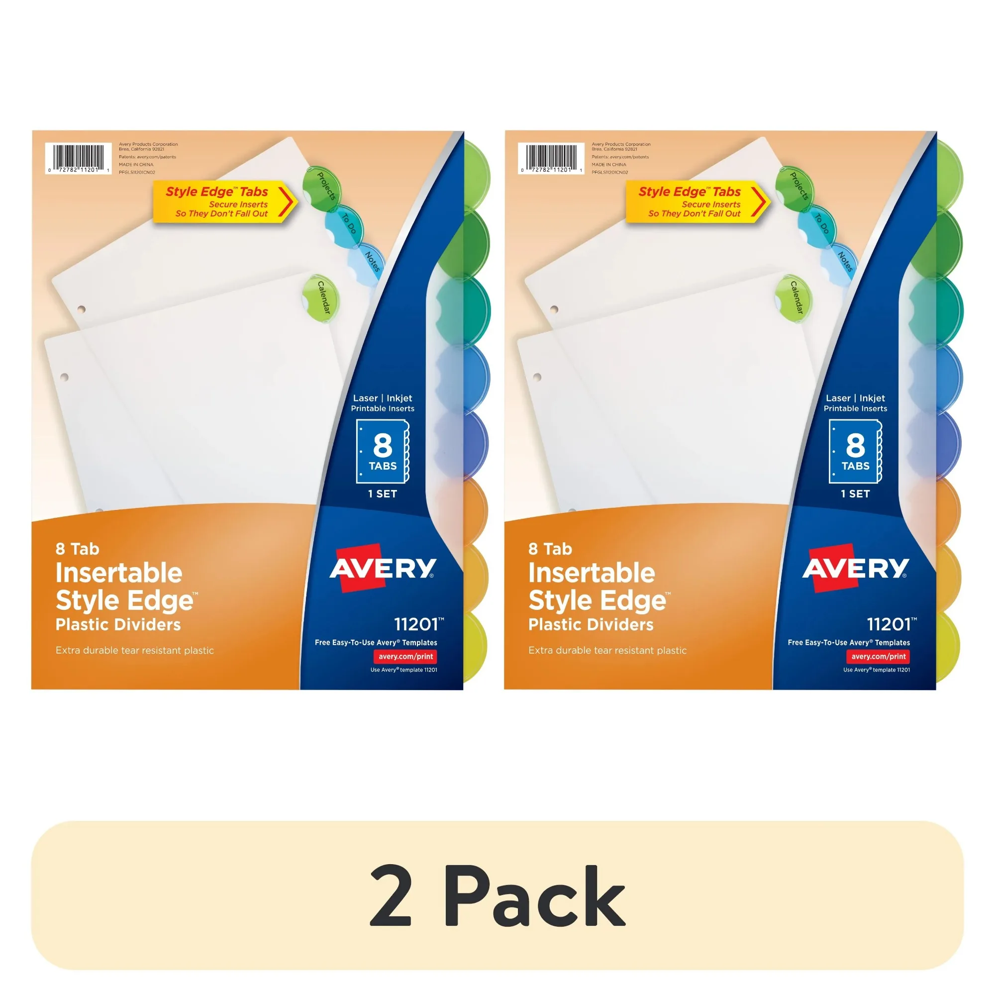 

(2 pack) Insertable Divider, Style Edge, 8-Tab, Plastic, Printable Inserts, Multicolor Tabs, 1 Set