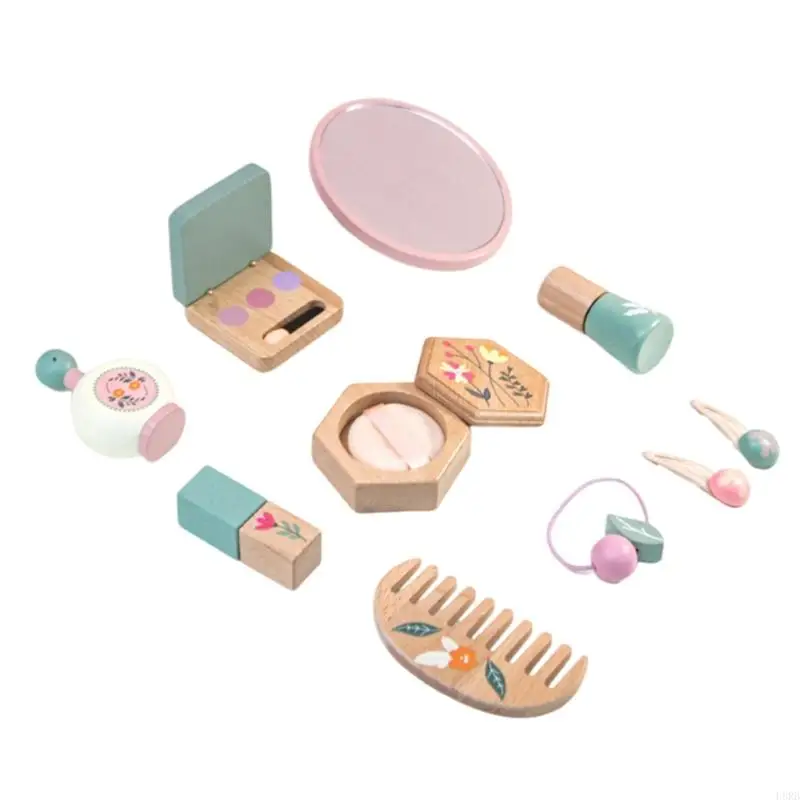 

Creative Role Play Wooden Beauty Set For Kids Girls 3 4 5 Years Old 10Pieces Pretend Makeup Set Includes Brushes Mirror L8RB