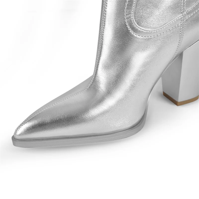 Onlymaker Women Pointed Toe Metallic Mid-Calf Chunky Heel  Sliver Western Boots Thick Heels Big Size Cowgirl  Boots