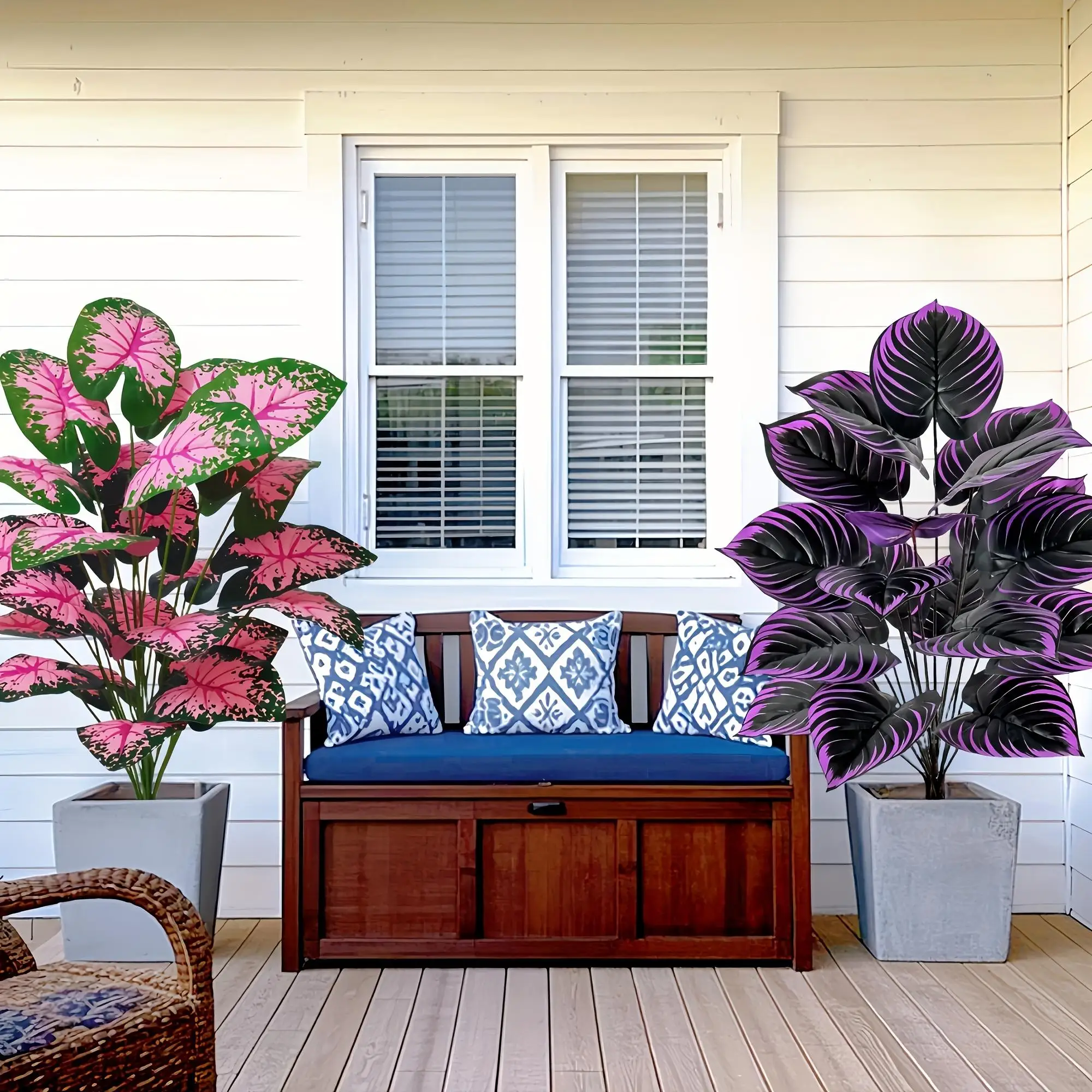 2er-Set künstliche Kaladiumpflanzen mit lila rosa Blatt, künstliche Bonsai-Pflanze für Boden, Garten, Zuhause, Schlafzimmer, Büro, Dekoration, Blumen – Detail 3