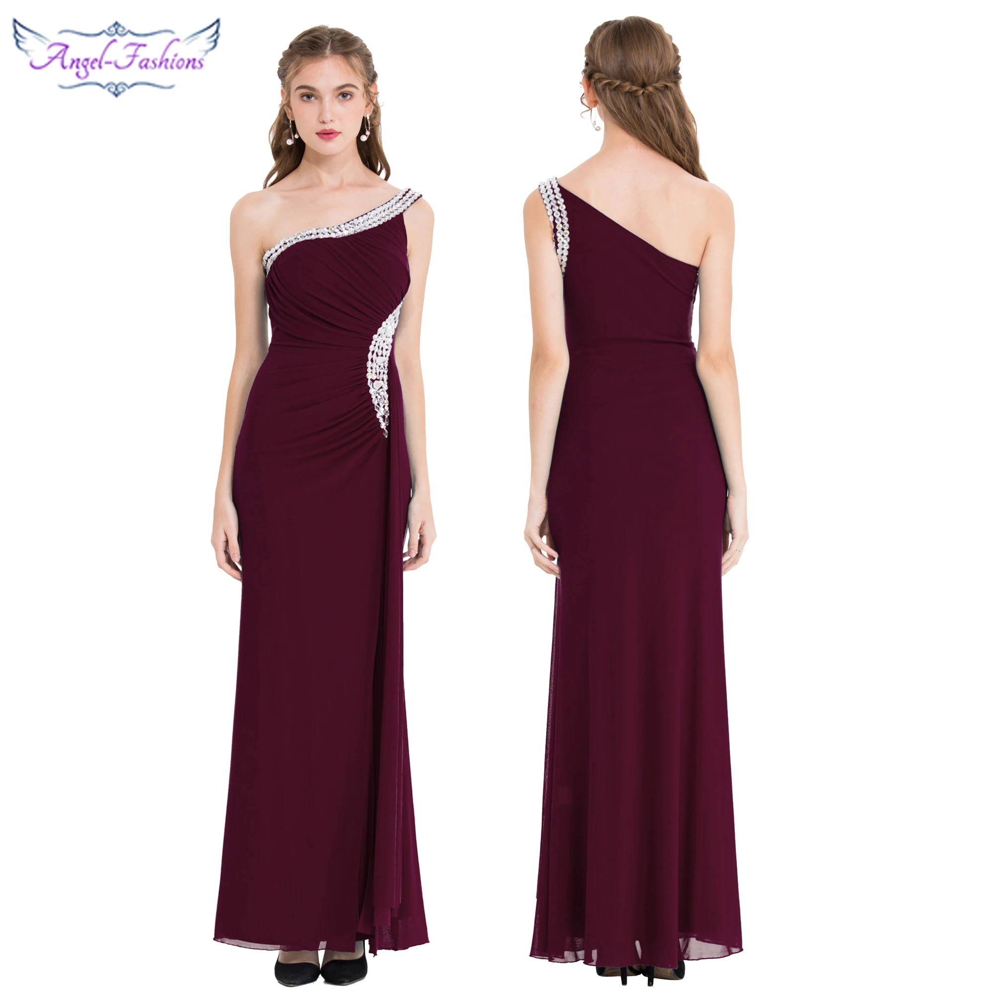 Wedding Guest Gown Angel-fashions One Shoulder Split Evening Dress Long Pleated Beading Formal Party Gown Wine Red 411