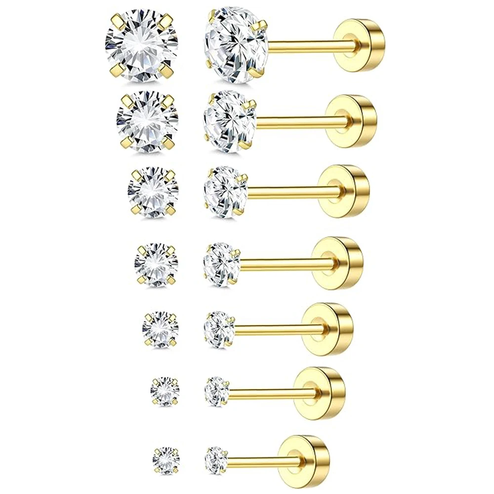 1 or 6pcs 18K Gold Plated Surgical Stainless Steel Earrings for Women Men Girls 3-8mm 5A Cubic Zirconia Stud Cartilage Earrings