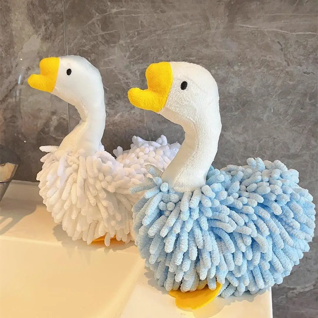 Cartoon Animal Hanging Hand Towel Plush Doll Absorbent Chenille Hand Towel Creative Bathroom Kitchen Decor Plush Toy Swan Goose
