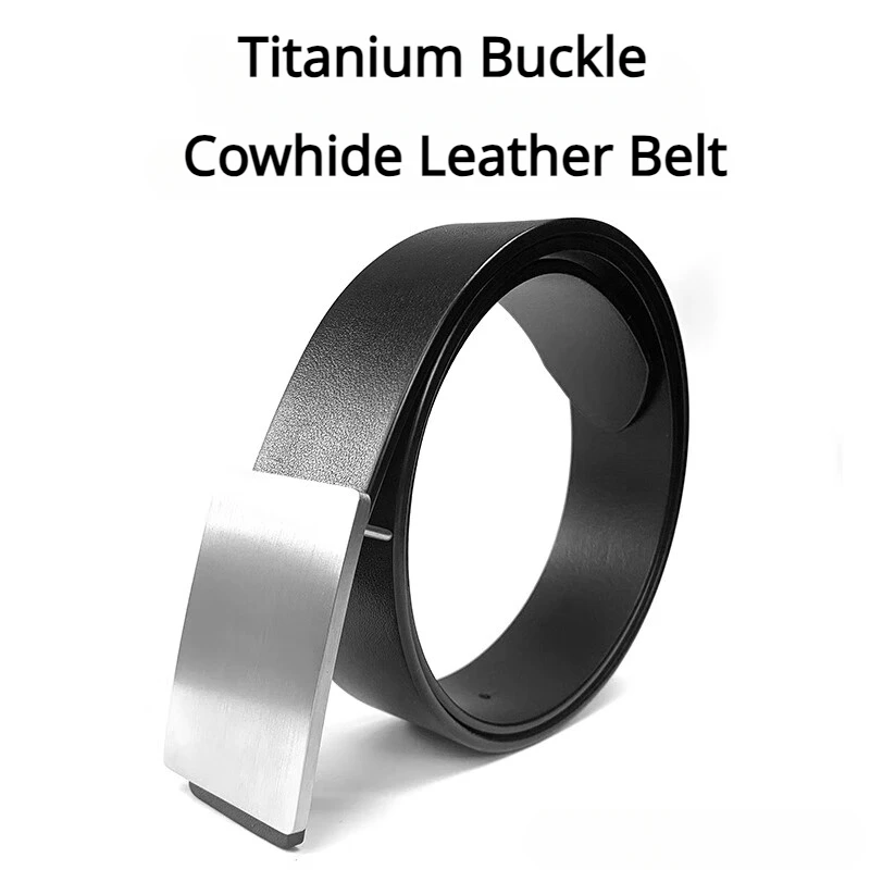 35/38mm Men's Genuine Leather Belt Pure Titanium Alloy Smooth Buckle Betl Formal Business Casual Wear Cowhide Waist Belt