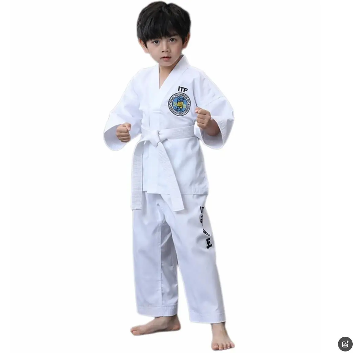 Uniforme Ligero de Taekwondo ITF, Dobok TKD, Bordado Completo, Cuello Blanco de Algodón, Traje de Artes Marciales para Estudiantes y Luchadores, con Cinturón Gratis