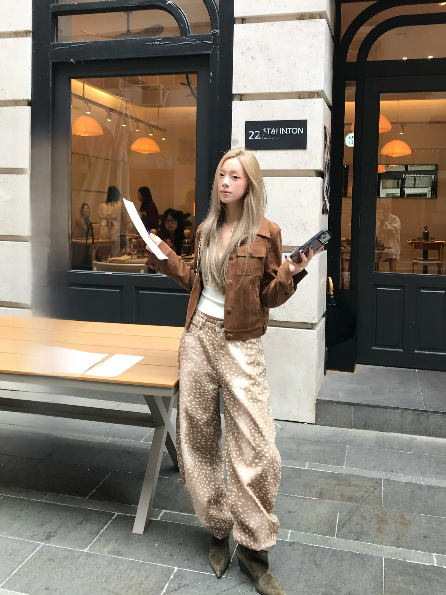 

Bambi Deer Spot Pattern Brown Retro Denim Pants Women Loose Wide Leg Long Trousers Spring New Style Casual High Waist Cotton