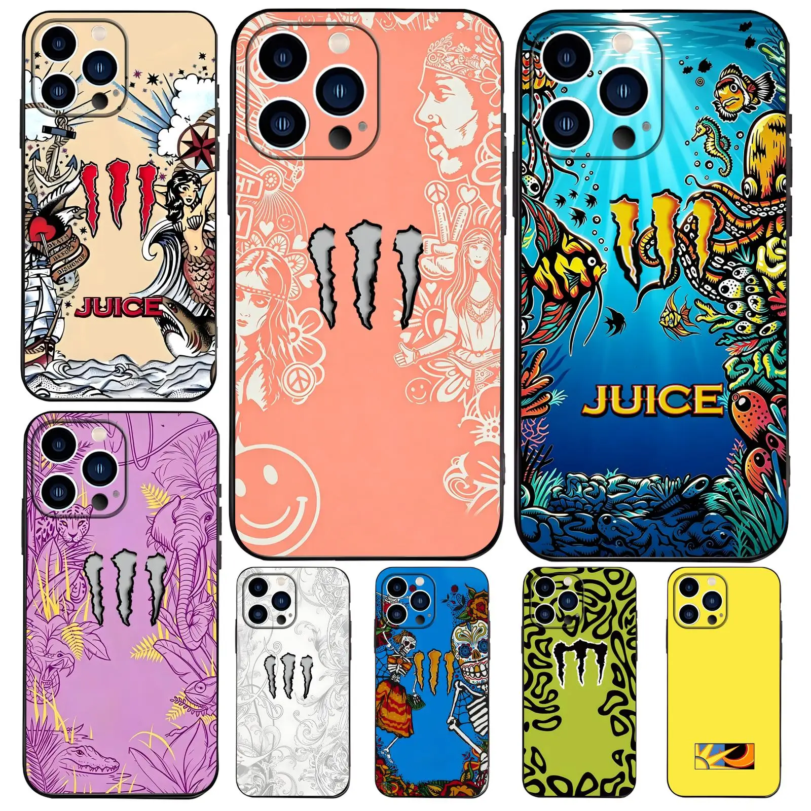 Funda para Teléfono iPhone 17 16 16e 15 14 13 12 Plus Mini Pro Max, Antigolpes, Suave, Negra, Diseño M-MonsterES, Bebida Energética