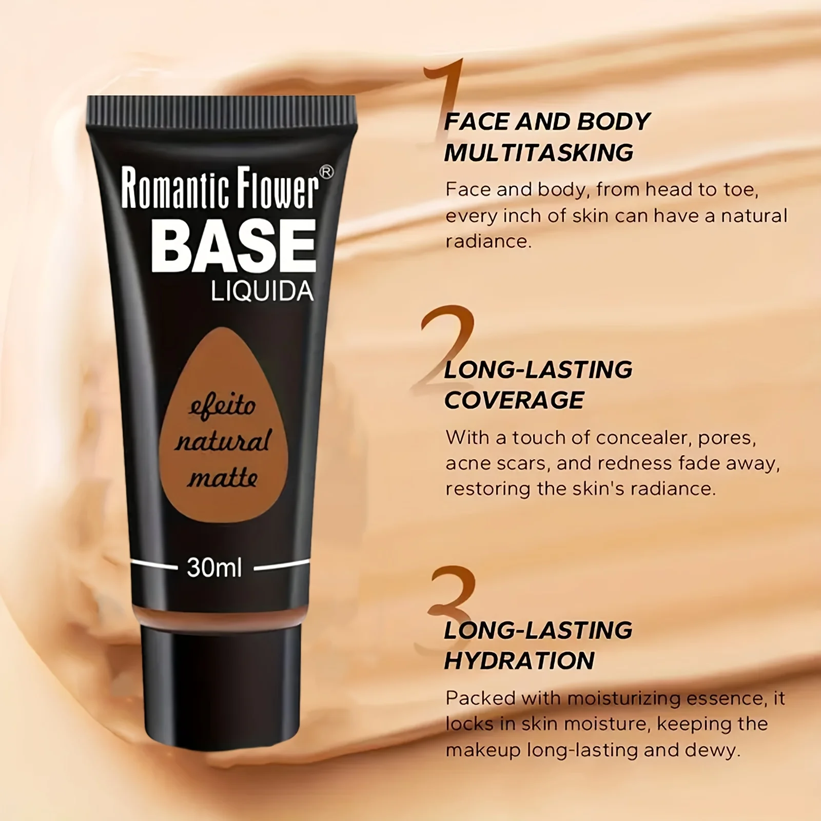 3-color liquid foundation, long-lasting complexion, suitable for normal and dry skin, long-lasting full coverage, matte finish,