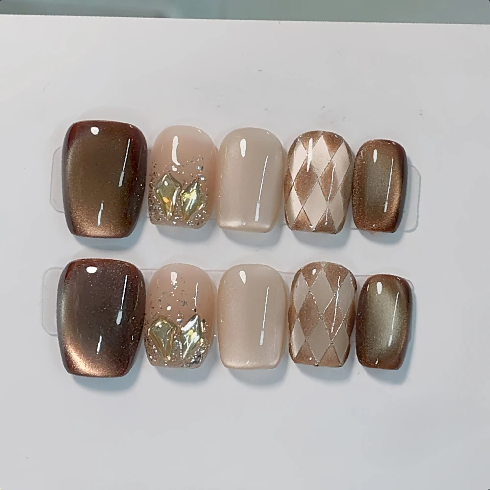 

10pcs Grid Cat's Eye Diamond Glitter Press on Nails Square Style Nails Brown Nude Full Cover Nail Tips Wearable False Nails Art