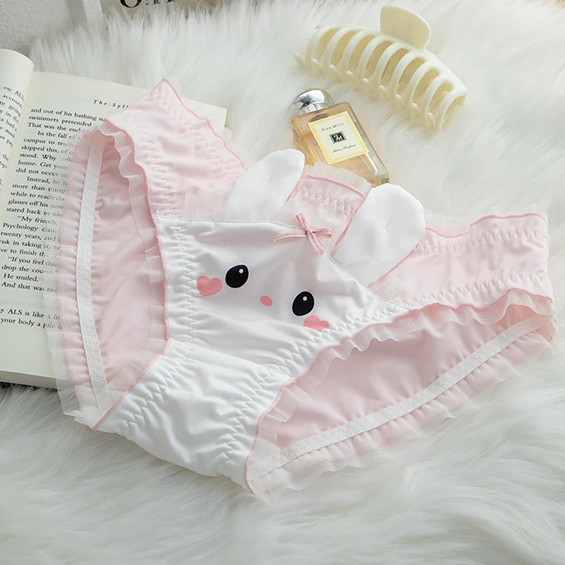 Cartoon Cute Rabbit Underpants Lolita Girls Japanese Printed Rabbit Milk Silk Panties Medium Low Waist Lace Edge Triangle Pants