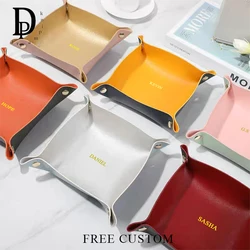 Custom Name Leather Storage Tray Jewelry Cosmetic Key Desktop Storage Organizer Engrave Initials Folding Home Decoration Case