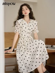 MISHOW Polka Dot Dress for Women 2023 Summer French Waist  A-LINE  Puff Sleeve Turn-down Collar Female Sweet Dresses MXC38L1452