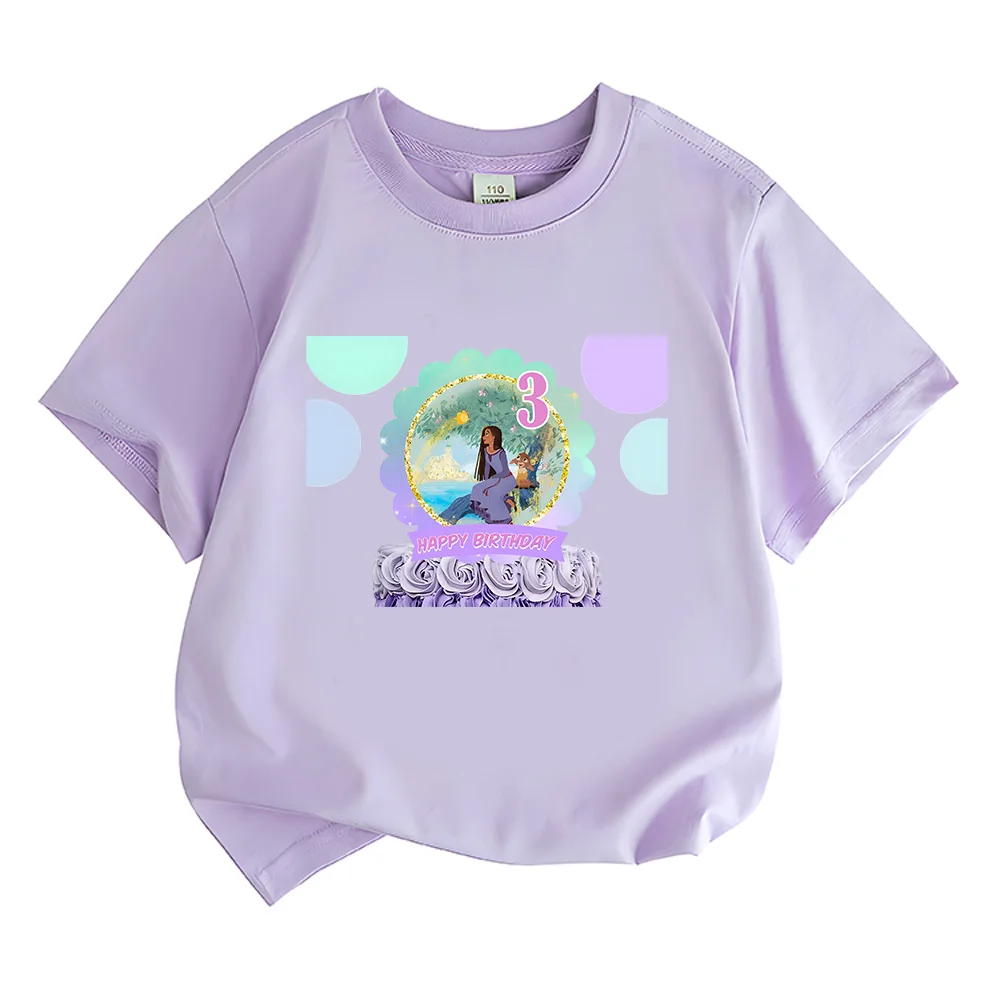 Wish Disney Clothing for Girls New Birthday Cake Anime Print T-shirts Sweet Princess Tops  Children Trendy Colorful Cotton Tees