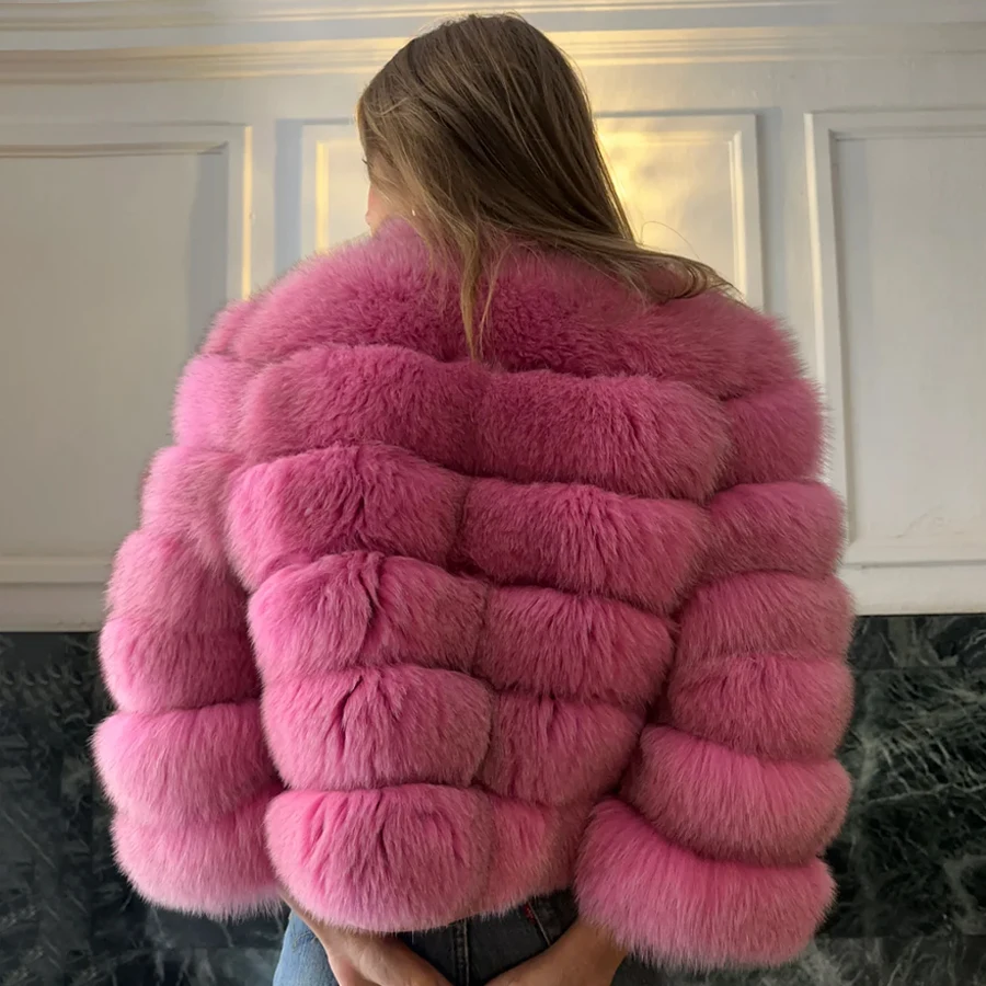 Cappotto di pelliccia di volpe rosa con colletto Giacca di pelliccia corta Giacca con cerniera in vera pelliccia di volpe Giacca corta di pelliccia naturale da donna più venduta