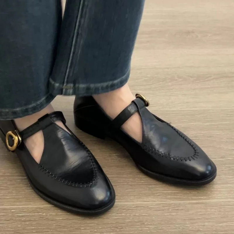 

Туфли на плоской подошве с Т-образным ремешком и пряжкой. Дизайнерские новые весенние повседневные женские лоферы Мэри Джейн. Удобные мягкие прогулочные женские туфли на плоской подошве.