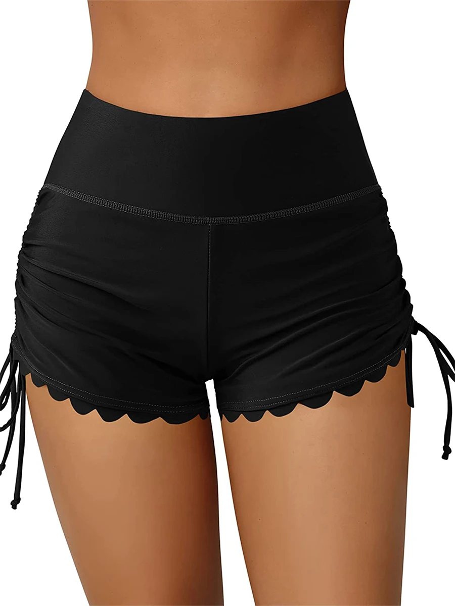 Pantalones cortos de baño de cintura alta para mujer, bañador con cordón, dobladillo ondulado, sólido, surf, Verano