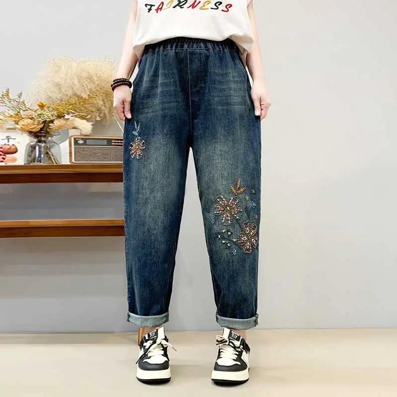 

Spring New Japanese Vintage Mori Girl Flower Letter Cartoon Embroidery Denim Pants Women Elastic Waist Casual Loose Harem Jeans