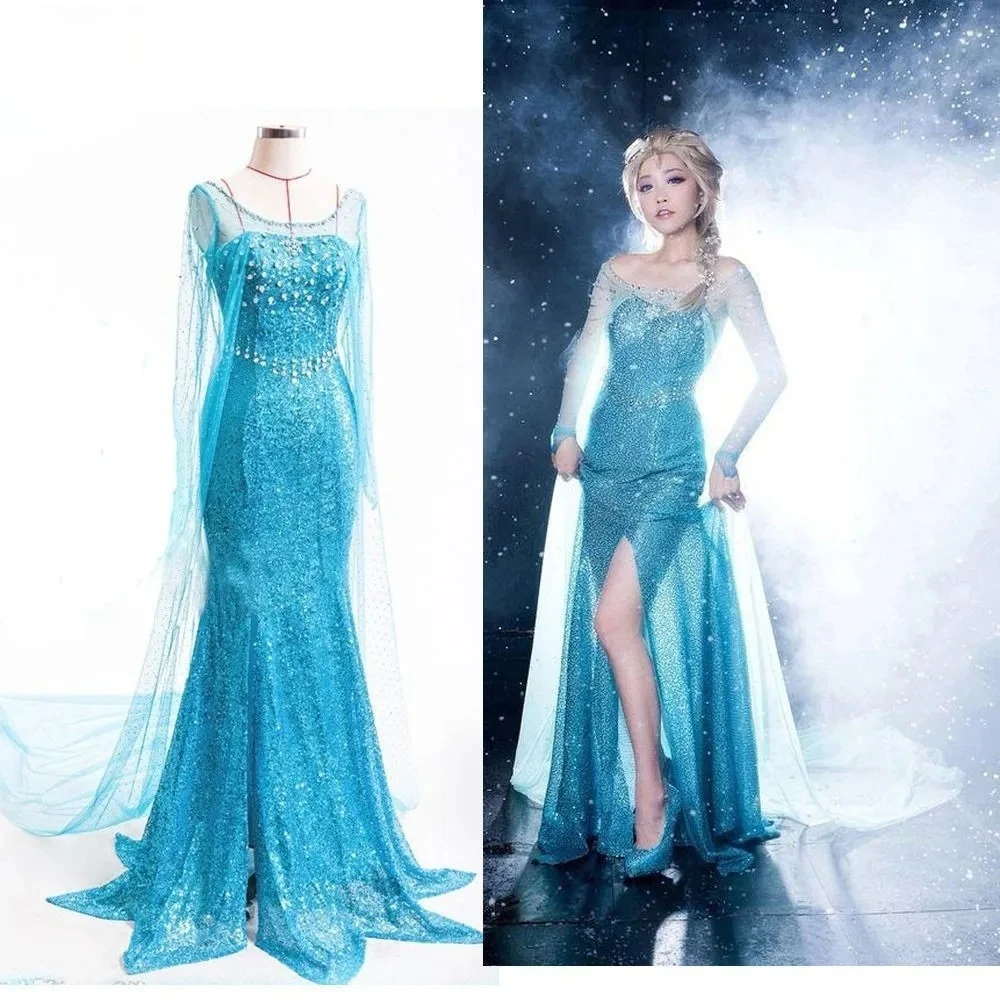 

Elsa Costume Frozen Cosplay Adult, Queen Elsa Dress Halloween Party Outfit, Style Elegant Blue Gown