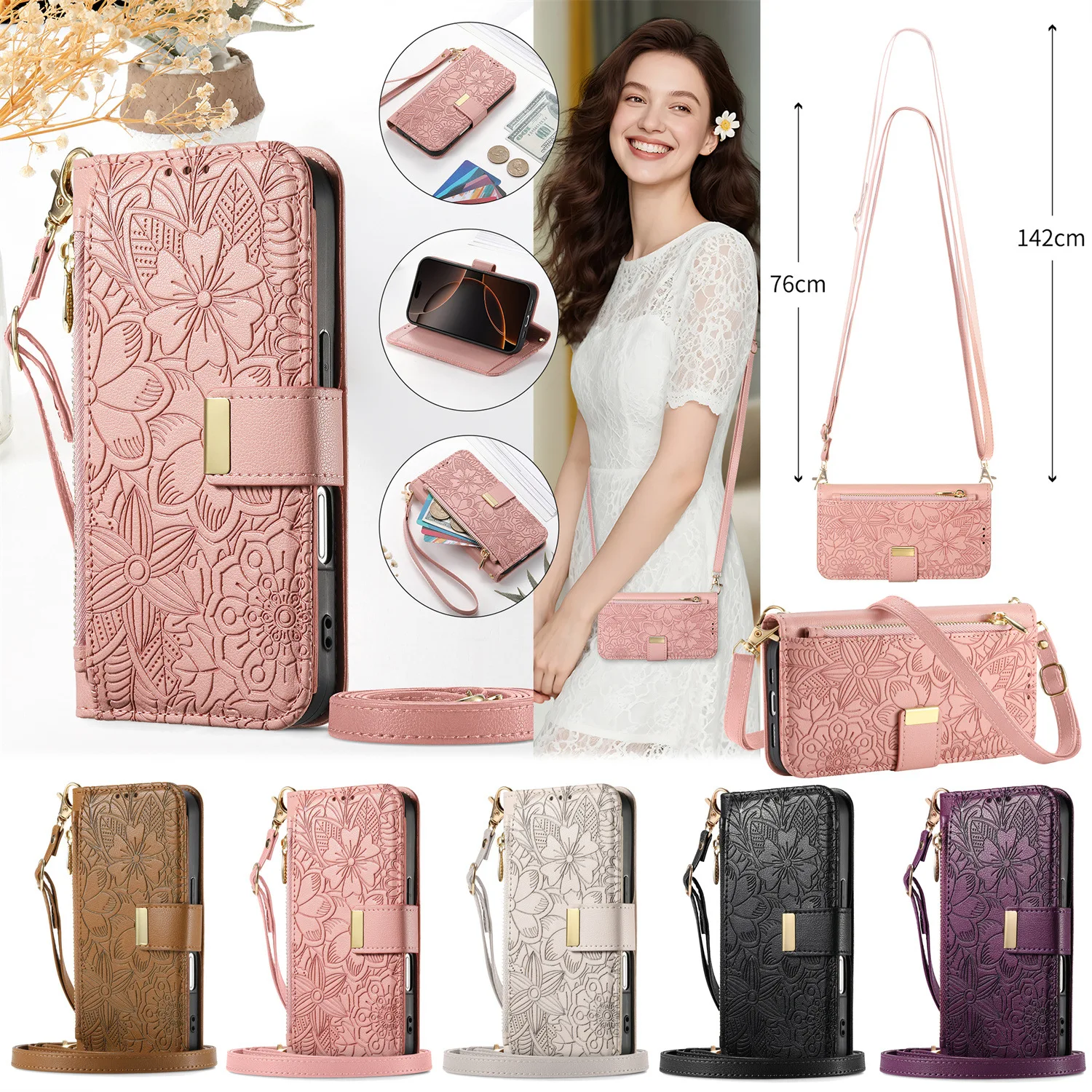 

Crossbody Zipper Wallet Case for Samsung Galaxy M56 M36 M15 Luxury Leather Lanyard Multi 6 Cards Slot Wristlet Flip Cover Funda