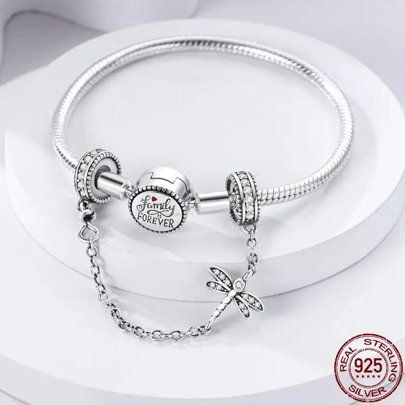 Fit 3mm Bracelet Securing Clip 925 Sterling Silver Dragonfly Rubber Stopper Safety Chain Charms DIY Jewelry For Women Gift