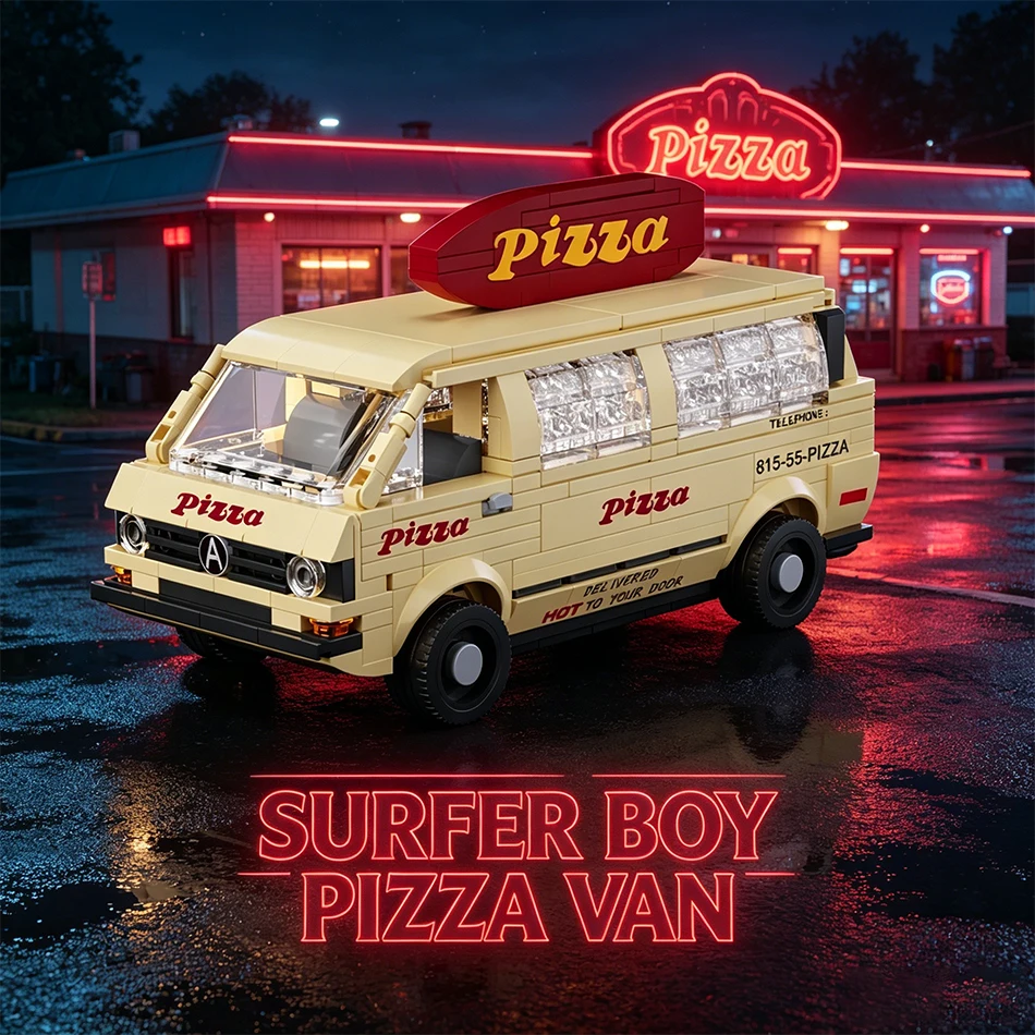 City Vintage Surfer Boy Pizza Van Model Building Blocks Strangered Movie Pizzamobile T Bus Truck Vehicle Bricks Toys Adults Gift