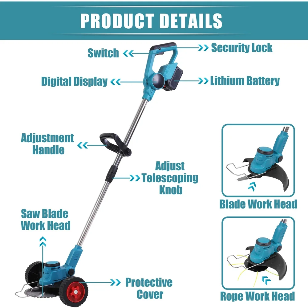 2800W Cordless Electric Lawn Mower With Casters Brushless Motor Grass Trimmer Adjustable Length Angle Telescopic Pruning Tools