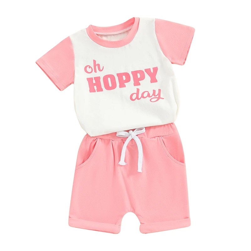 Toddler Easter Shorts Sets Short Sleeve Crewneck Contrast Color Tops and Drawstring Shorts Sets